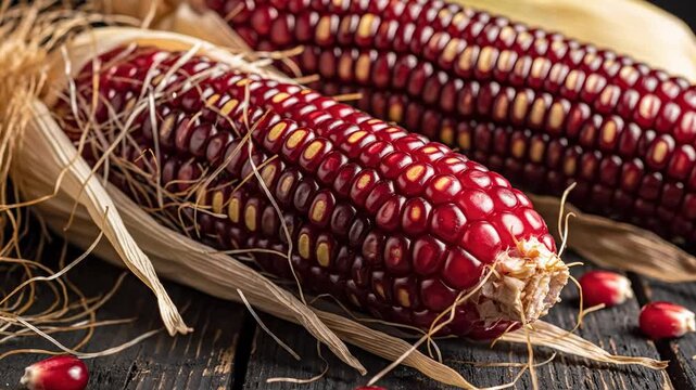 Mazorcas de ma&iacute;z rojo maduro y granos sobre mesa oscura texturizada, primer plano