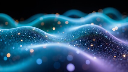 Abstract shimmering waves with glowing particles and bokeh effect