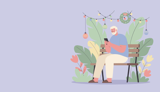 Senior man uses smartphone while relaxing outside with festive holiday decorations and tropical plants
