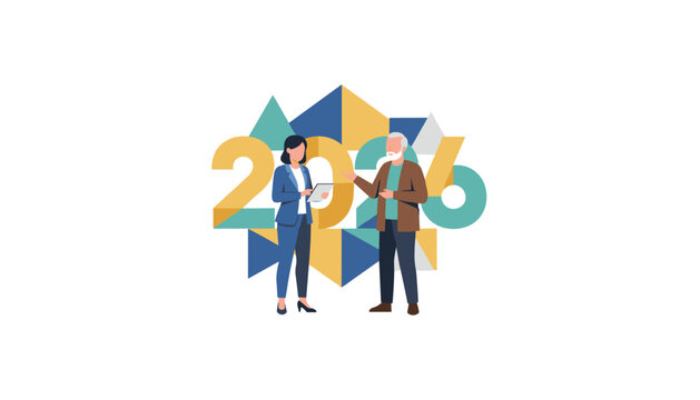 Professional woman and senior man planning goals for the year 2026 Financial advice illustration