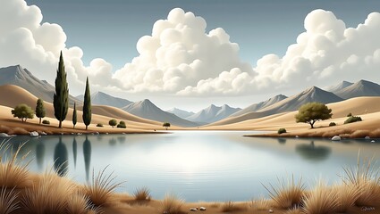 Peaceful desert oasis landscape with lake, trees and mountains