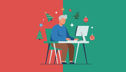 Man working on a desktop computer surrounded by Christmas holiday decorations Seasonal remote job