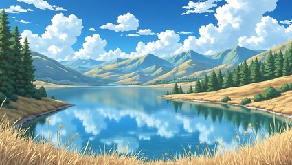 Serene mountain lake with reflections and golden grass under blue sky