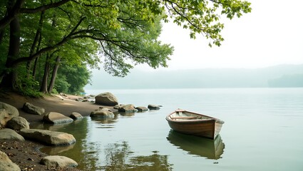 Serene wooden rowboat floats on a calm lake with lush green trees