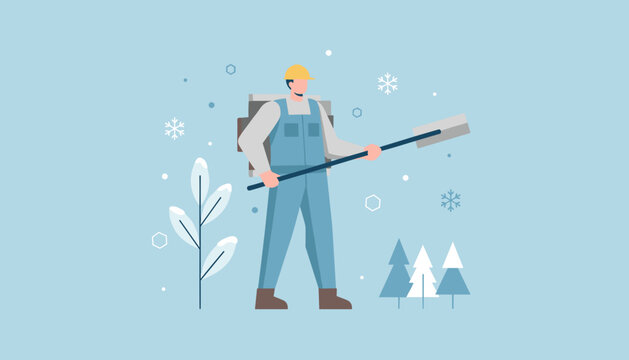 Snow removal worker clearing pathway in winter landscape Flat vector illustration