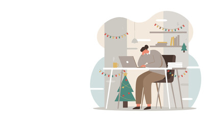 Remote worker busy with deadlines during the festive season holiday work stress illustration
