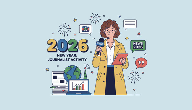 Journalist reporting news for New Year 2026 Global media communication and activity illustration