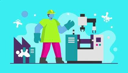 Employee working with robotic industrial machinery in a cold factory illustration