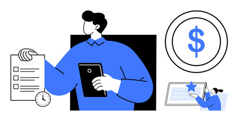 Person holding a checklist, clock, and tablet, alongside a dollar sign and ranked feedback screen. Ideal for business, finance, productivity, time management, planning feedback and simplicity