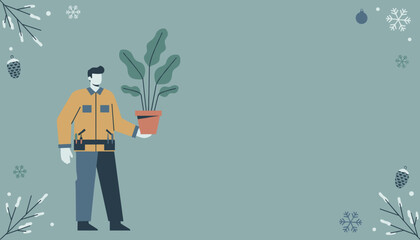 Illustration of a worker holding a potted plant during winter framing the design space