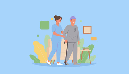 Fototapeta premium Supportive nurse helping patient with cane walk indoors Elder care home health and recovery illustration