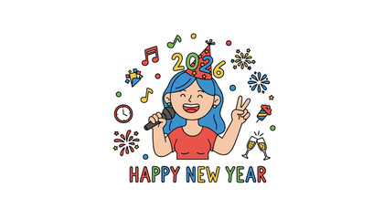 Joyful woman singing karaoke celebrating Happy New Year 2026 with party elements