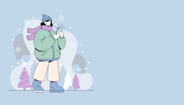 Illustrated traveler uses smartphone in festive winter park Holiday technology and leisure