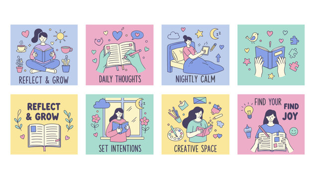 Doodle vector set of selfcare routines reading reflection journaling and finding joy