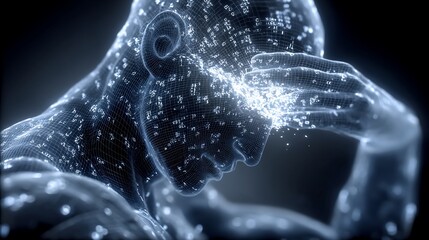 Digital identity concept with a person depicted as a wireframe and data flowing around the head