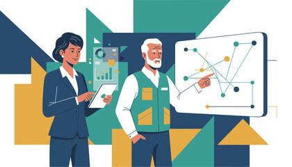 Business professionals collaborating on data analysis charts and strategy Modern illustration
