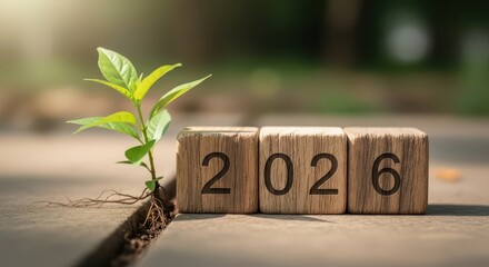 Resilience and Renewal 2026: Plant Growing Through Cracks Next to Wooden Blocks