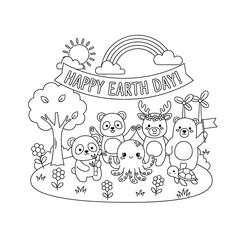 Fototapeta premium Happy Earth Day coloring page with animals