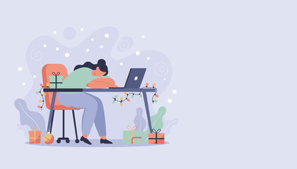 Burnout during holidays Exhausted woman asleep at desk surrounded by Christmas gifts and laptop