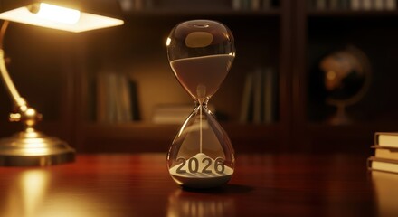 Sands of Time 2026: Hourglass on a Desk Symbolizing the New Year Transition