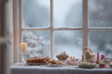 cozy indoor view through snowcovered window warm glow of candles reflected on glass