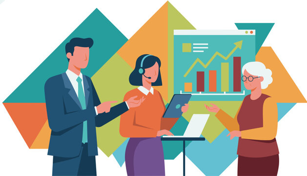 Business team analyzing growth data and consulting Flat vector illustration