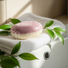 A smooth pastel-colored soap bar resting on a white towel beside a sink, surrounded by bubbles and fresh green leaves