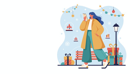 Woman using smartphone while holiday shopping amidst Christmas decorations and gifts