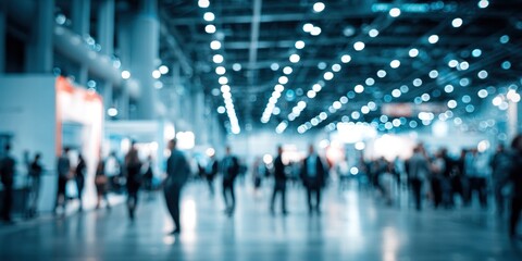 Abstract Blurred Focus of Trade Show Event with Business Conference, Exhibition, Job Fair, and Tech Expo. AI-Generated 4K High-Quality Wallpaper Depicting Busy Exhibition Hall with Blurred Individuals