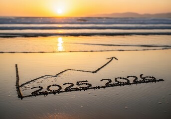 2026: Financial Growth Graph Drawn in the Beach Sand