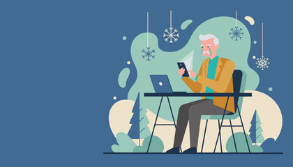 Crying elderly man reads sad text message on phone winter isolation concept