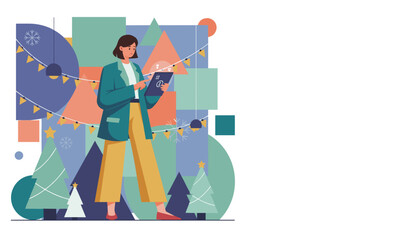 Modern woman using a tablet for holiday planning with abstract festive geometric shapes
