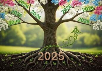 Rooted Growth 2026: Success Arrow Climbing a Flourishing Tree