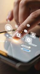 Close-up shot of fingers tapping a smartphone screen with digital floating chatbot and message icons