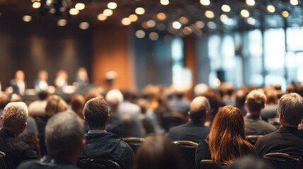 Speaker at Business Conference with Public Presentations. Audience at the conference hall. Entrepreneurship club. Rear view. Horisontal composition. Background blur. High quality