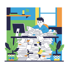 Overwhelmed office worker buried in a massive pile of paperwork and documents