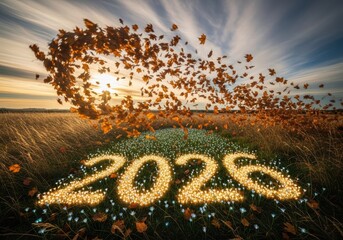 Autumn Transition 2026: Glowing Leaves Forming the Year in a Golden Field