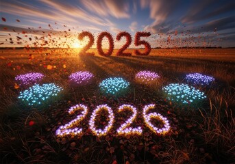 Bloom of the Future 2026: Luminous Flower Numbers in a Field at Sunset