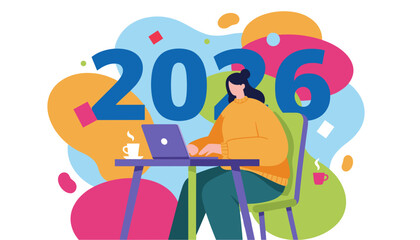 Working toward 2026 goals Woman using laptop surrounded by vibrant colors