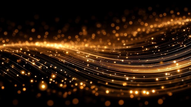 Elegant golden light streaks and bokeh sparkles on a dark background create a futuristic and