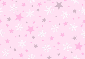 Seamless illustration of snowflakes and stars on red background. Christmas background. Holiday design