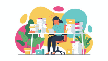 Stressed employee overwhelmed by massive piles of paperwork and heavy workload in the office