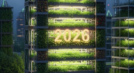 Eco-Futurism 2026: Sustainable Skyscraper with Vertical Gardens and Neon Glow