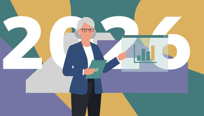 Obraz premium Executive woman presenting 2026 financial data and growth projections