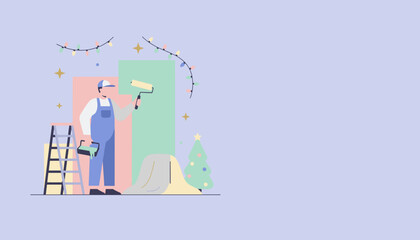Home improvement worker painting walls with festive Christmas decor