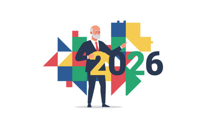 Senior executive holding 20 points towards the new year 2026 symbolizing future business strategy and goals