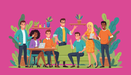 Successful diverse startup team meeting and collaborating in a vibrant modern office space