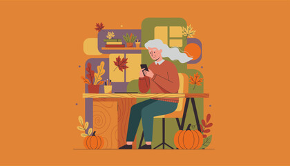 Senior woman texting on phone at cozy autumn desk with pumpkins and fall decor