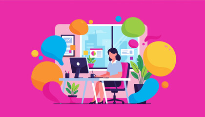 Woman working productively at a bright office desk surrounded by colorful ideas and data visuals