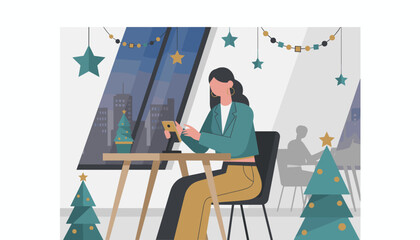 Businesswoman texting during holiday break in a modern cafe decorated for Christmas with a city view